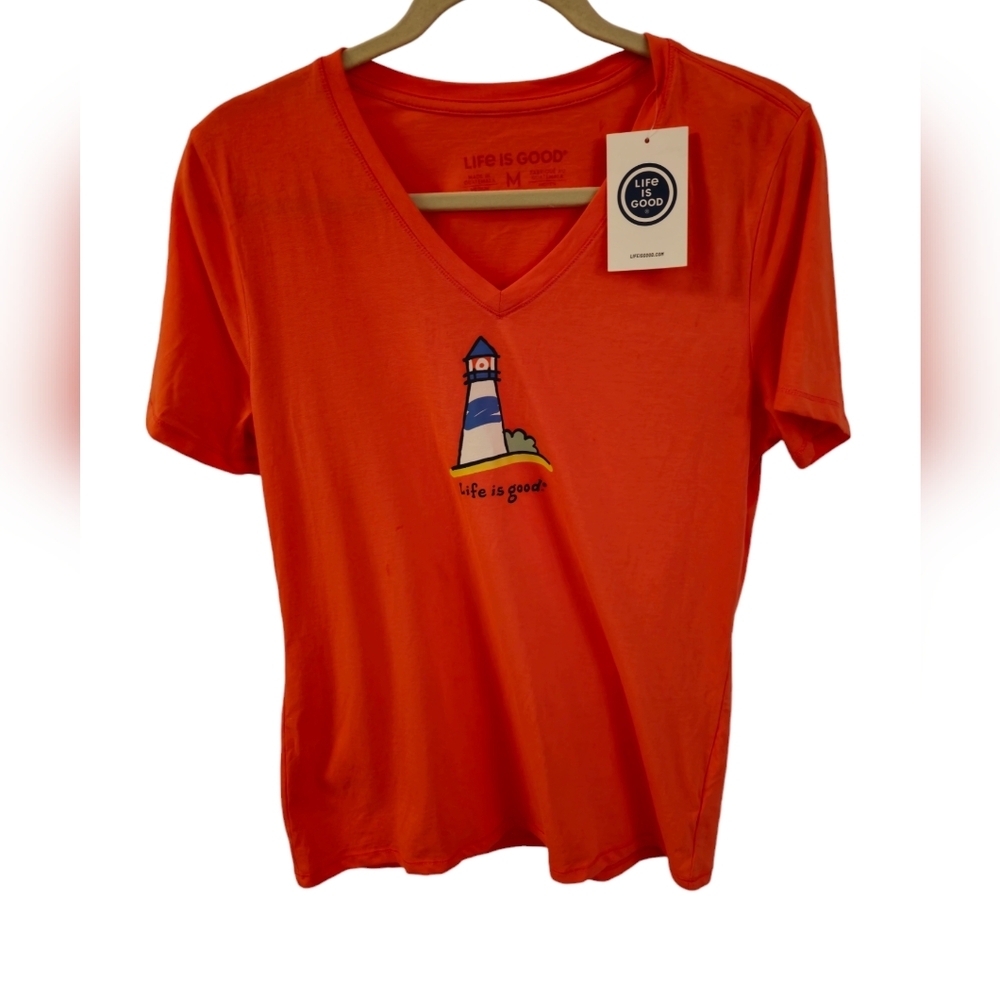 NWT Life is Good Women's Short Sleeve Graphic Lighthouse Tshirt V Neck SZ Medium